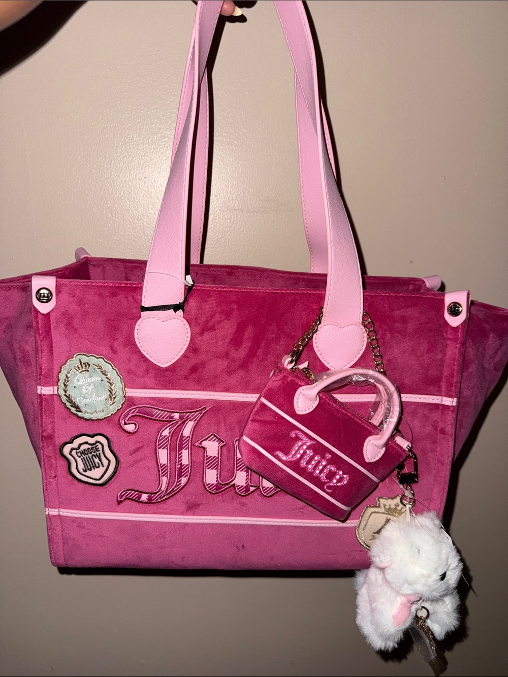 Juicy Couture Pink Suede Tote with Mini Charm Bag and Plush Keychain